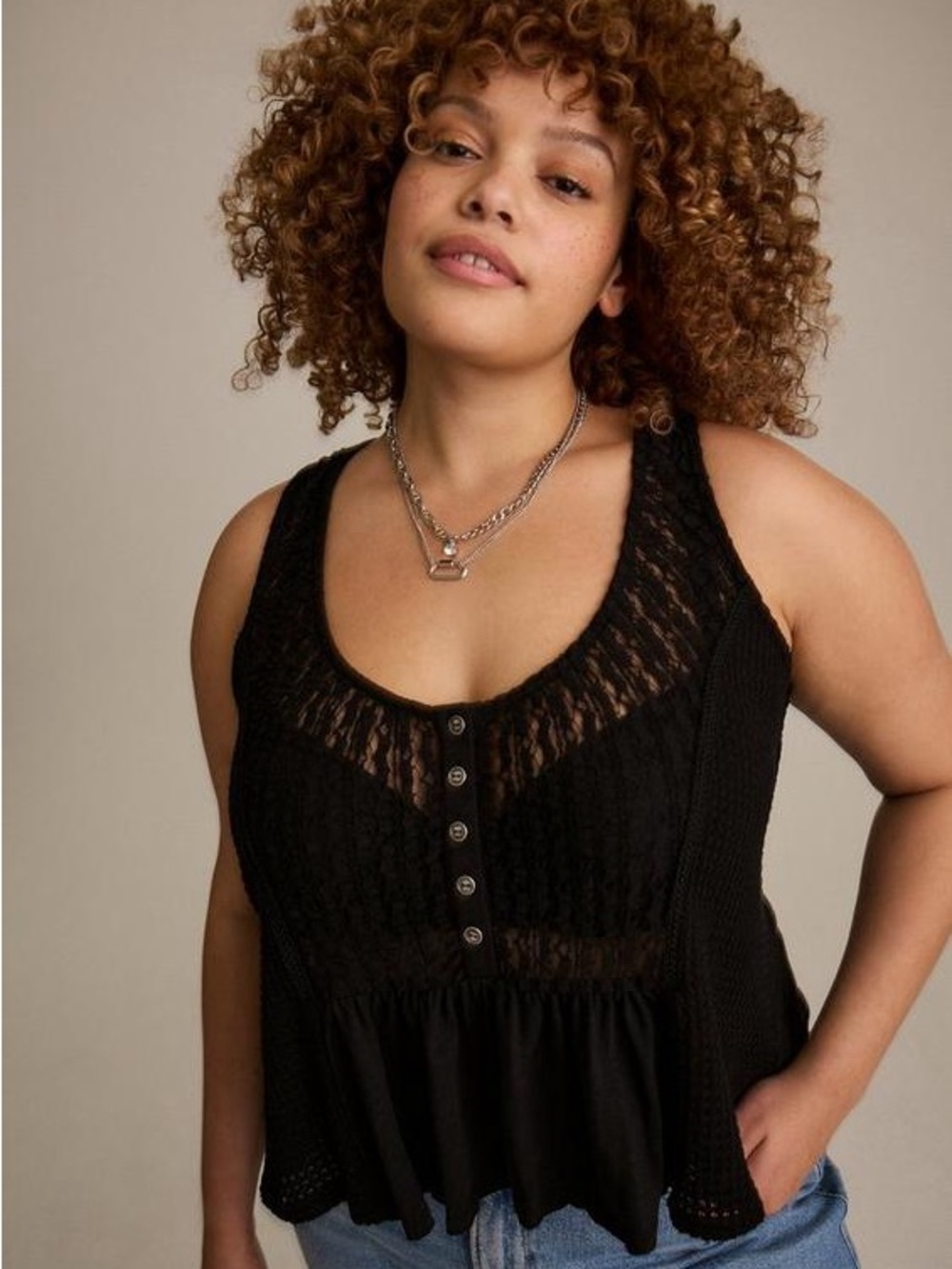 torrid Black Lace Button-Front Festi Tank